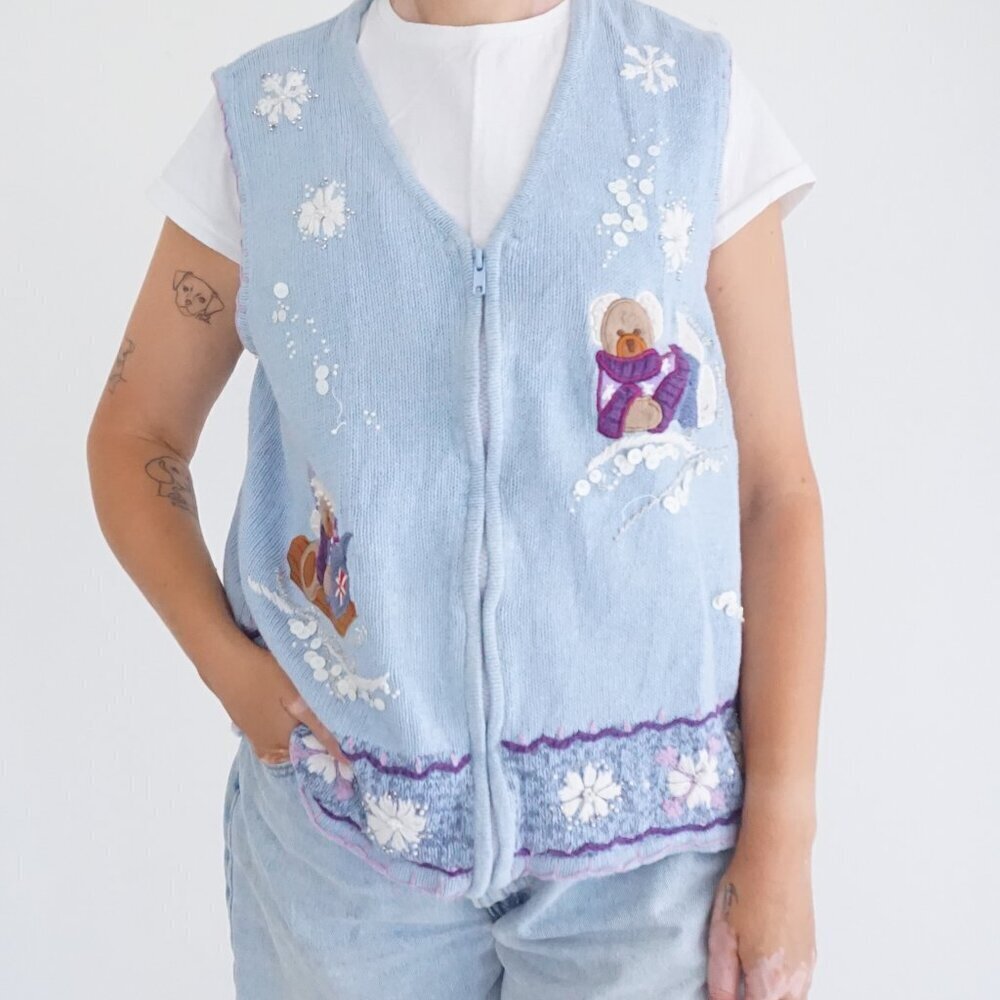 Vintage White Stag Blue Snowflake Bear Sheled Vest Festive Holiday Cabincore XL